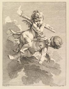Two Cupids, One Carrying a Torch, Another a Bow, 1727-60. Creator: Pierre Alexandre Aveline
