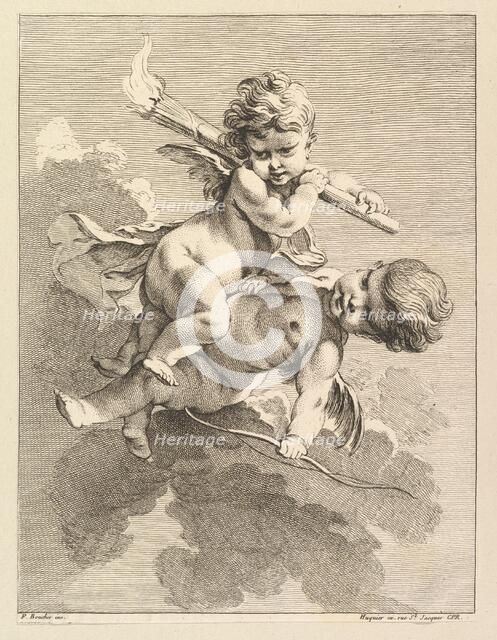 Two Cupids, One Carrying a Torch, Another a Bow, 1727-60. Creator: Pierre Alexandre Aveline.
