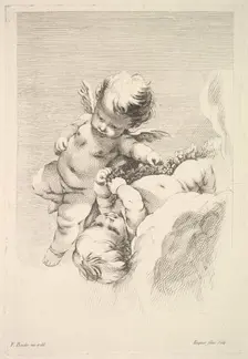 Two Cupids, One Holding a Wreath, mid to late 18th century. Creator: Jacques Gabriel Huquier