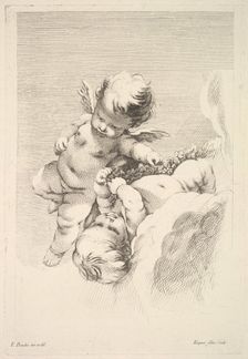 Two Cupids, One Holding a Wreath, mid to late 18th century. Creator: Jacques Gabriel Huquier
