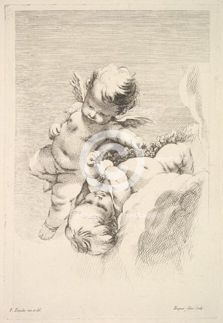 Two Cupids, One Holding a Wreath, mid to late 18th century. Creator: Jacques Gabriel Huquier.