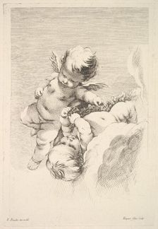 Two Cupids, One Holding a Wreath, mid to late 18th century. Creator: Jacques Gabriel Huquier