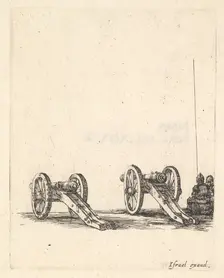 Two cannons, two soldiers seen from the back seated to the right, from Equipment n..., ca. 1638-43. Creator: Stefano della Bella