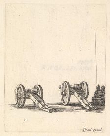 Two cannons, two soldiers seen from the back seated to the right, from Equipment n..., ca. 1638-43. Creator: Stefano della Bella