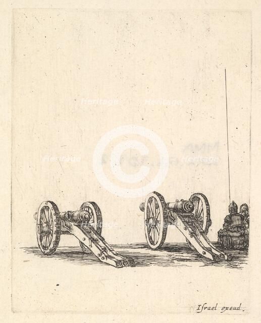 Two cannons, two soldiers seen from the back seated to the right, from 'Equipment n..., ca. 1638-43. Creator: Stefano della Bella.