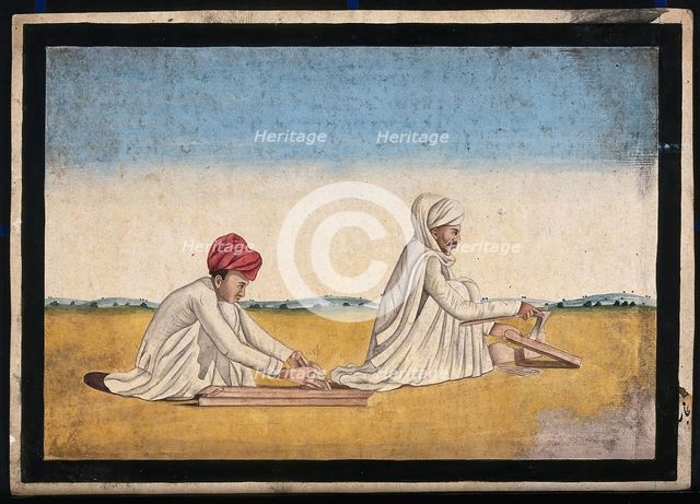 Two carpenters, possibly father and son, at work, (between 1800 and 1899?). Creator: Unknown.