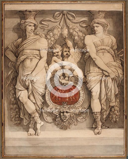 Two Caryatid Figures Framing A Cartouche With Two Cupids (Deux Figures De Cariatides..., late 1770s. Creator: Giuseppe Cades.