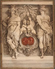 Two Caryatid Figures Framing A Cartouche With Two Cupids (Deux Figures De Cariatides..., late 1770s. Creator: Giuseppe Cades
