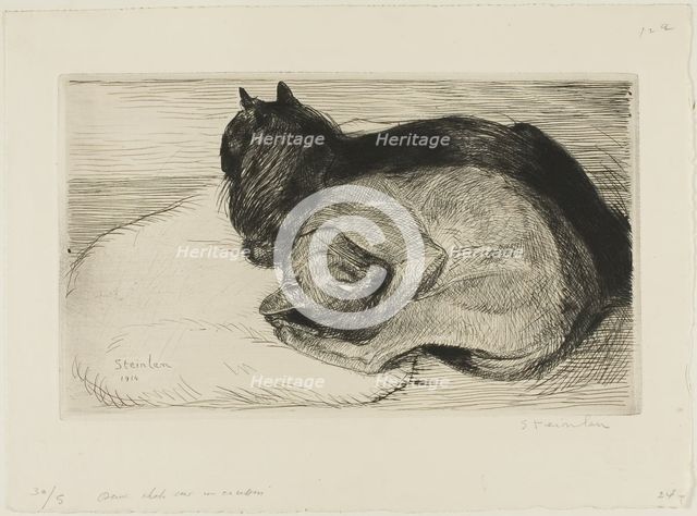 Two Cats on a Cushion, 1914. Creator: Theophile Alexandre Steinlen.
