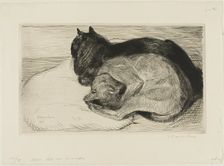 Two Cats on a Cushion, 1914. Creator: Theophile Alexandre Steinlen