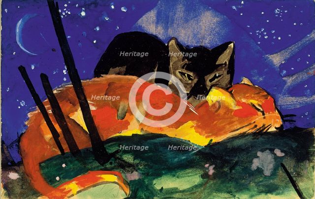 Two Cats. Postcard from Sindelsdorf to Lily Klee, 1913. Creator: Marc, Franz (1880-1916).