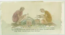 Two characters cutting stone to make small squares for the mosaicist, 2003. Creator: Judith Dobie