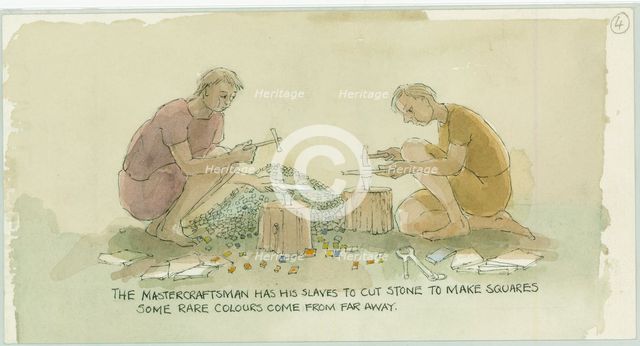 Two characters cutting stone to make small squares for the mosaicist, 2003. Creator: Judith Dobie.