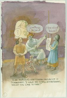 Two characters talking to a master craftsman and mosaicist, 2003. Creator: Judith Dobie