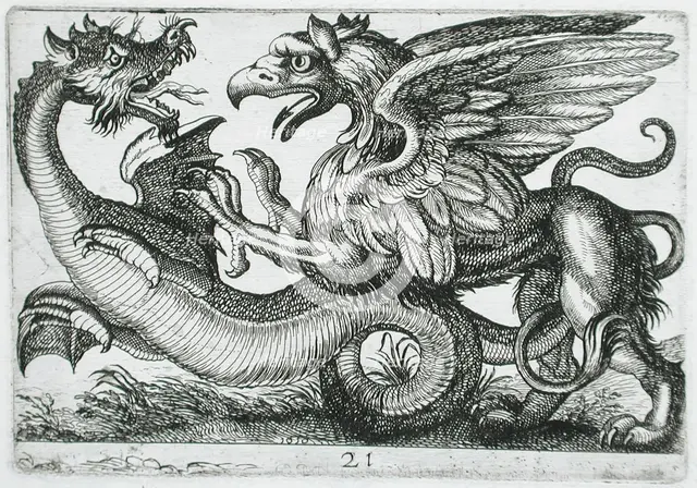 Two Chimerical Animals Fighting, 1610. Creator: Hendrick Hondius I.