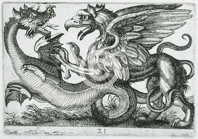 Two Chimerical Animals Fighting, 1610. Creator: Hendrick Hondius I.