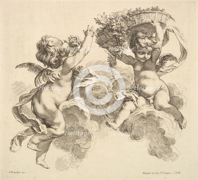 Two Children, One Holding a Basket with Flowers, 1738-45. Creator: Gabriel Huquier.