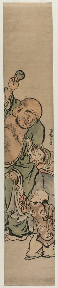 Two Children Begging Hotei for a Jewel, c. 1770s. Creator: Isoda Koryusai (Japanese)