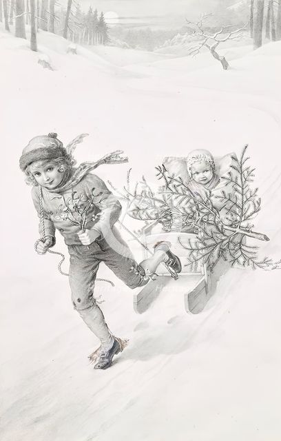 Two children driving through a winter landscape, c1900. Creator: Carl Froschl.