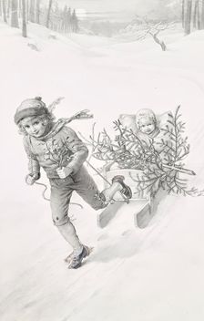 Two children driving through a winter landscape, c1900. Creator: Carl Froschl