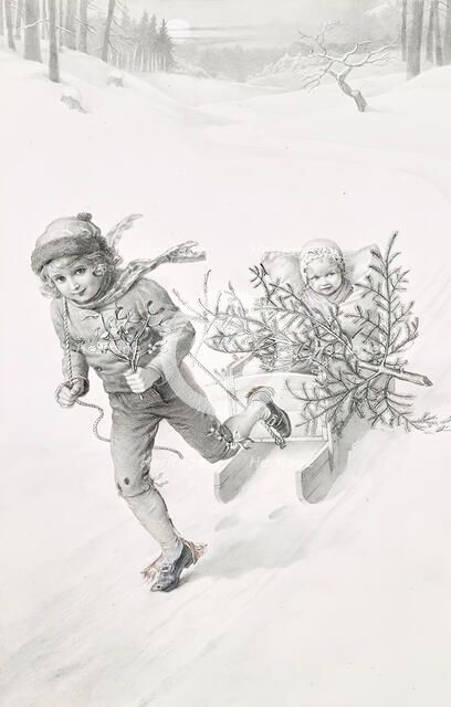 Two children driving through a winter landscape, c1900. Creator: Carl Froschl.