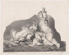 Two children lying on the ground, one seen from behind, 19th century., 19th century. Creator: Anon