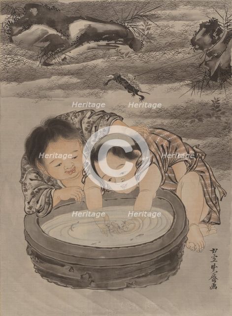 Two Children Playing with Goldfish, ca. 1887. Creator: Kawanabe Kyosai.
