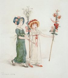Two Children with Staffs, 1884. Creator: Catherine Greenaway