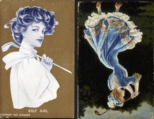Two chromolith postcards of women golfers, 1905 and 1907