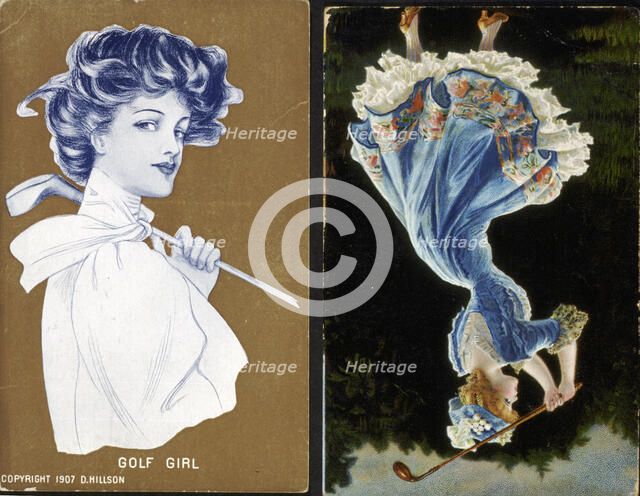 Two chromolith postcards of women golfers, 1905 and 1907. Artist: Unknown
