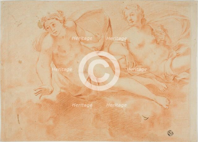 Two Cloud-Borne Nude Female Figures (recto); Fragment of Reclining Figure (verso), n.d. Creator: Carlo Cignani.