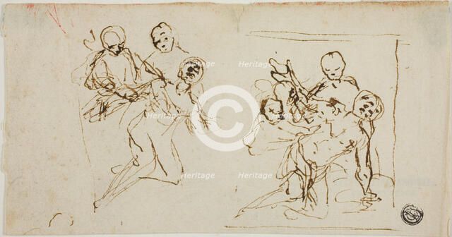 Two Composition Sketches of Collapsing Figure Supported by Two Other Figures..., 1637/1689. Creator: Baldassare Franceschini.