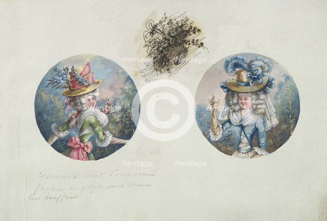 Two Costume Designs or Portrait Types of Two Women with Straw Hats, ca. 1785-90. Creator: Anon.