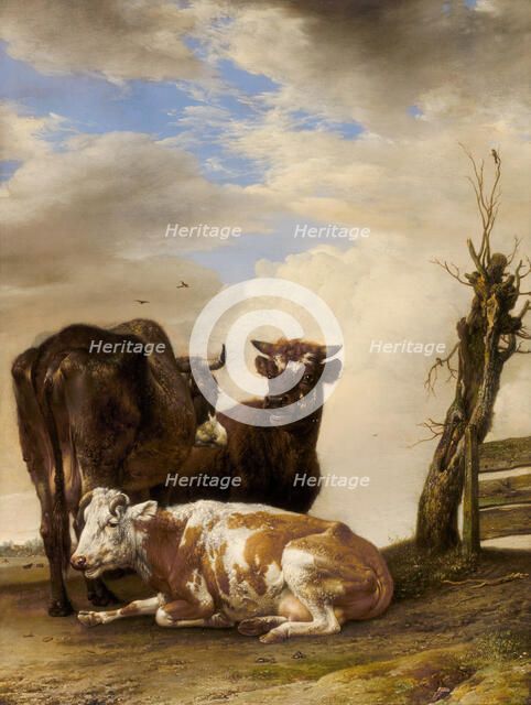 Two Cows and a Young Bull beside a Fence in a Meadow, 1647. Creator: Paulus Potter.