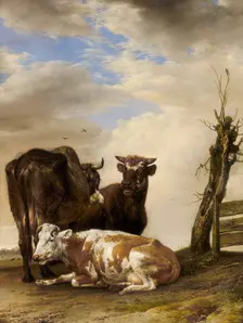 Two Cows and a Young Bull beside a Fence in a Meadow, 1647. Creator: Paulus Potter