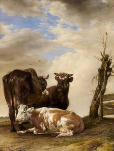 Two Cows and a Young Bull beside a Fence in a Meadow, 1647. Creator: Paulus Potter