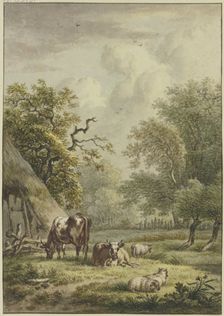 Two cows and three sheep are grazing by a hut. Creator: Jan Hulswit