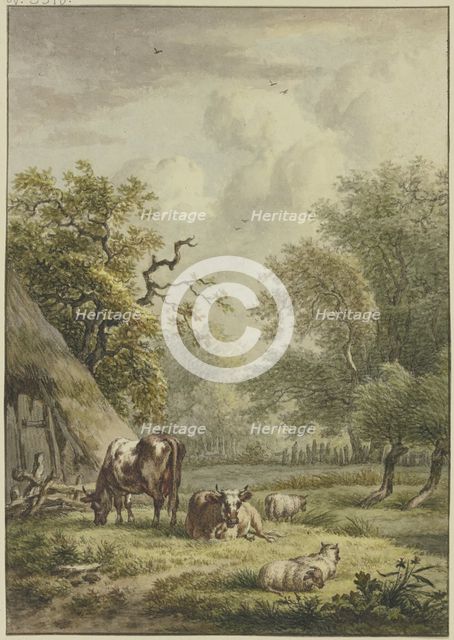 Two cows and three sheep are grazing by a hut. Creator: Jan Hulswit.