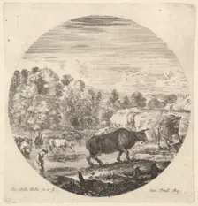 Two cows in center, followed by two peasant women and other cows in the river to le..., ca. 1643-48. Creator: Stefano della Bella