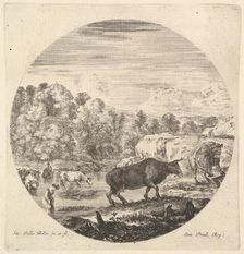 Two cows in center, followed by two peasant women and other cows in the river to le..., ca. 1643-48. Creator: Stefano della Bella