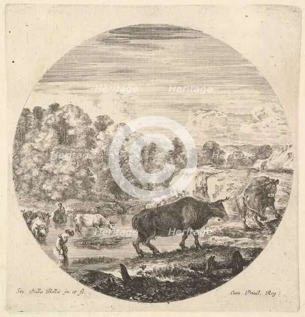 Two cows in center, followed by two peasant women and other cows in the river to le..., ca. 1643-48. Creator: Stefano della Bella.