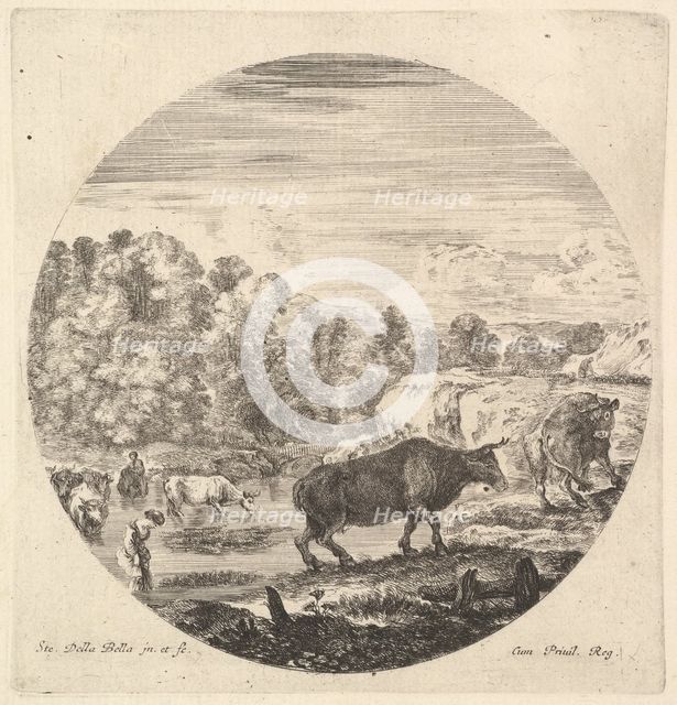 Two cows in center, followed by two peasant women and other cows in the river to le..., ca. 1643-48. Creator: Stefano della Bella.