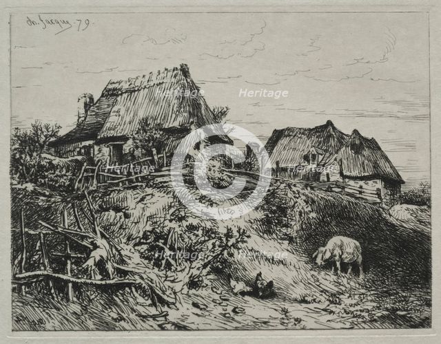 Two Cottages on a Bank, 1879. Creator: Charles-Émile Jacque (French, 1813-1894).