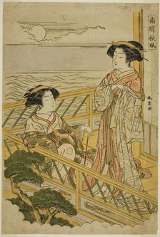 Two Courtesans on a Moonlit Balcony at a House of Pleasure in Shinagawa, from the..., c. 1774. Creator: Shunsho