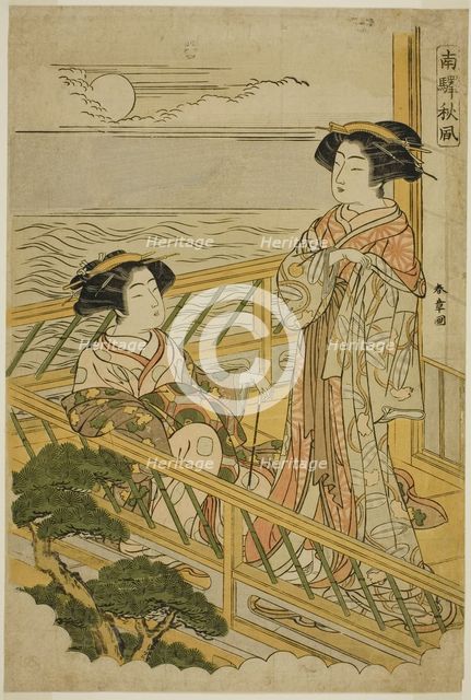 Two Courtesans on a Moonlit Balcony at a House of Pleasure in Shinagawa, from the..., c. 1774. Creator: Shunsho.
