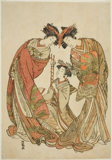 Two Courtesans Watching an Attendant Play with a Rat, c. 1777. Creator: Isoda Koryusai