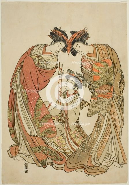 Two Courtesans Watching an Attendant Play with a Rat, c. 1777. Creator: Isoda Koryusai.