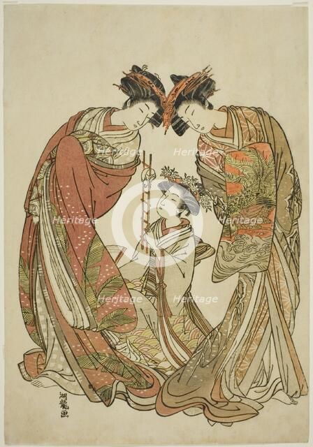 Two Courtesans Watching an Attendant Play with a Rat, c. 1777. Creator: Isoda Koryusai.