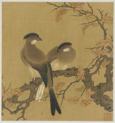 Two crested birds on a branch; autumn leaves, Qing dynasty, 18th century. Creator: Unknown