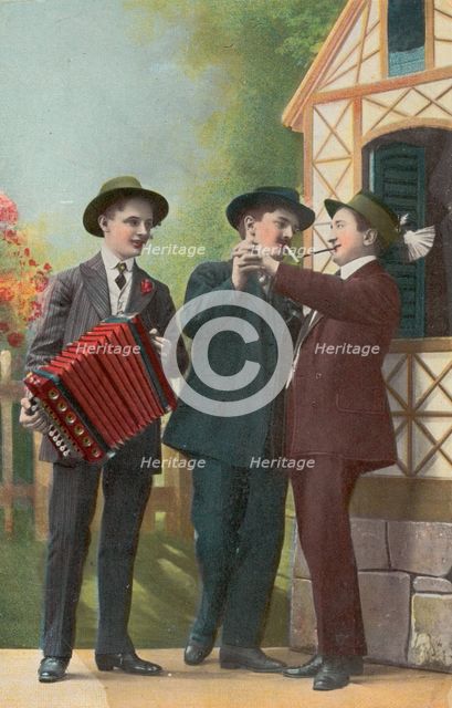 Two Dutch men dancing together, accompanied by an accordionist, (between 1900 and 1909?). Creator: Unknown.